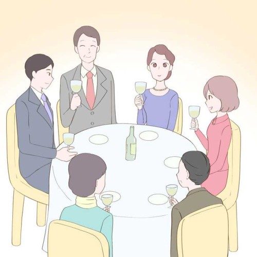 円卓での食事風景家族6人イラスト