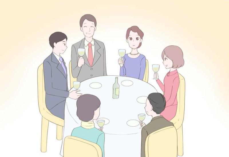 円卓での食事風景家族6人イラスト